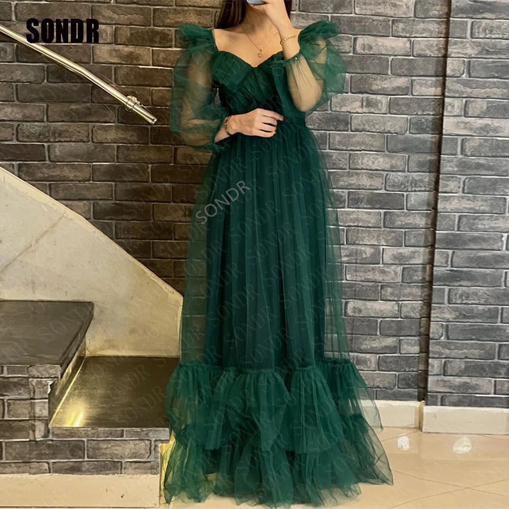 

SONDR Green Tulle Tiered Long Prom Dresses Evening Dress Sweetheart A Line Custom Formal Event Occasion Party Gowns Vestidos