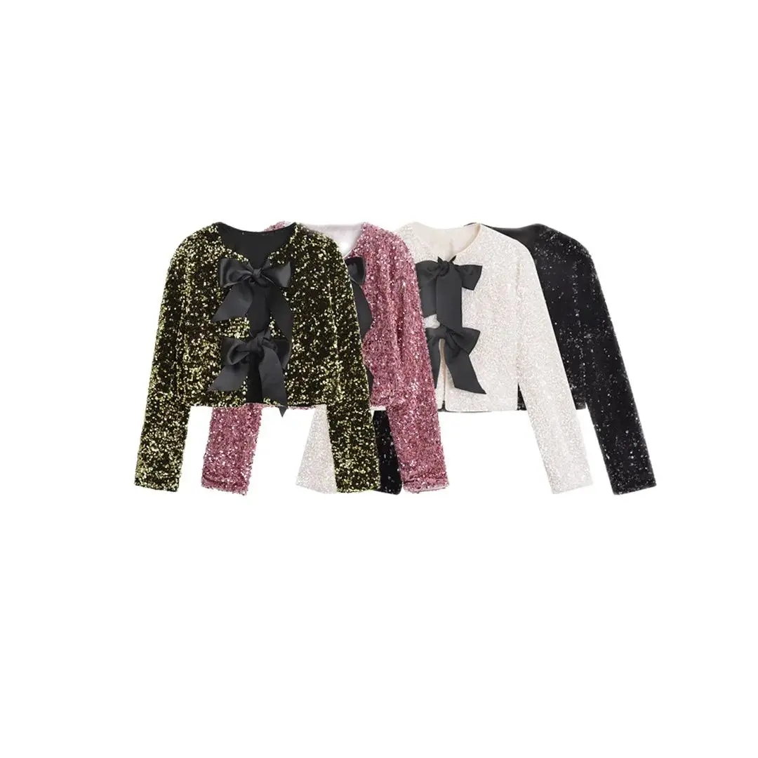 

2024 Winter New Women's Fashion Versatile Bow Decoration Sequin Short Coat