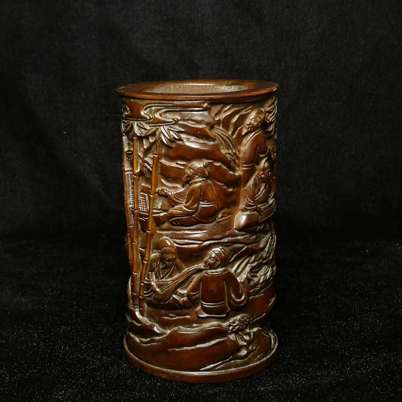 

YIZHU CULTUER ART Old Chinese boxwood hand carved seven sages of the bamboo grove figure brush pot desk Decoration Gift H 10 CM