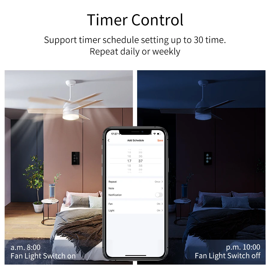 Tuya Smart Wifi Ceiling Fan Switch US Touch Interruptor APP/Voice Remote Timer Various Speed Control Work With Alexa Alice