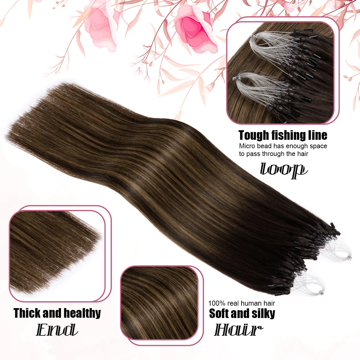 Micro Beads Hair Extensions Ombre Micro Loop Human Hair Extensions #2/8/2 Invisible Ring Extension for Women 1g/s 50g