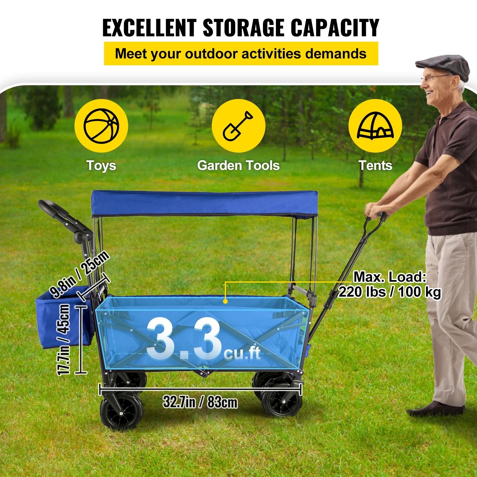 Folding Wagon Cart VEVOR Folding Wagon Cart Adjustable Handle Bar Removable Canopy Oxford Cloth Collapsible Shopping Outdoor Camping Beach Cart