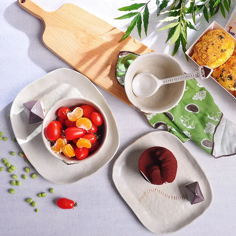 Jingdezhen original coarse pottery small house ceramic tableware household bowl dessert plate spoon Japanese creative housewarmi