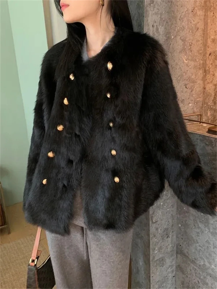 Winter Faux Fox Fur Coats Loose Thick Vintage Furry Casaco Metal Button Double Breasted Jaqueta Feminina Korean Plush Chaquetas