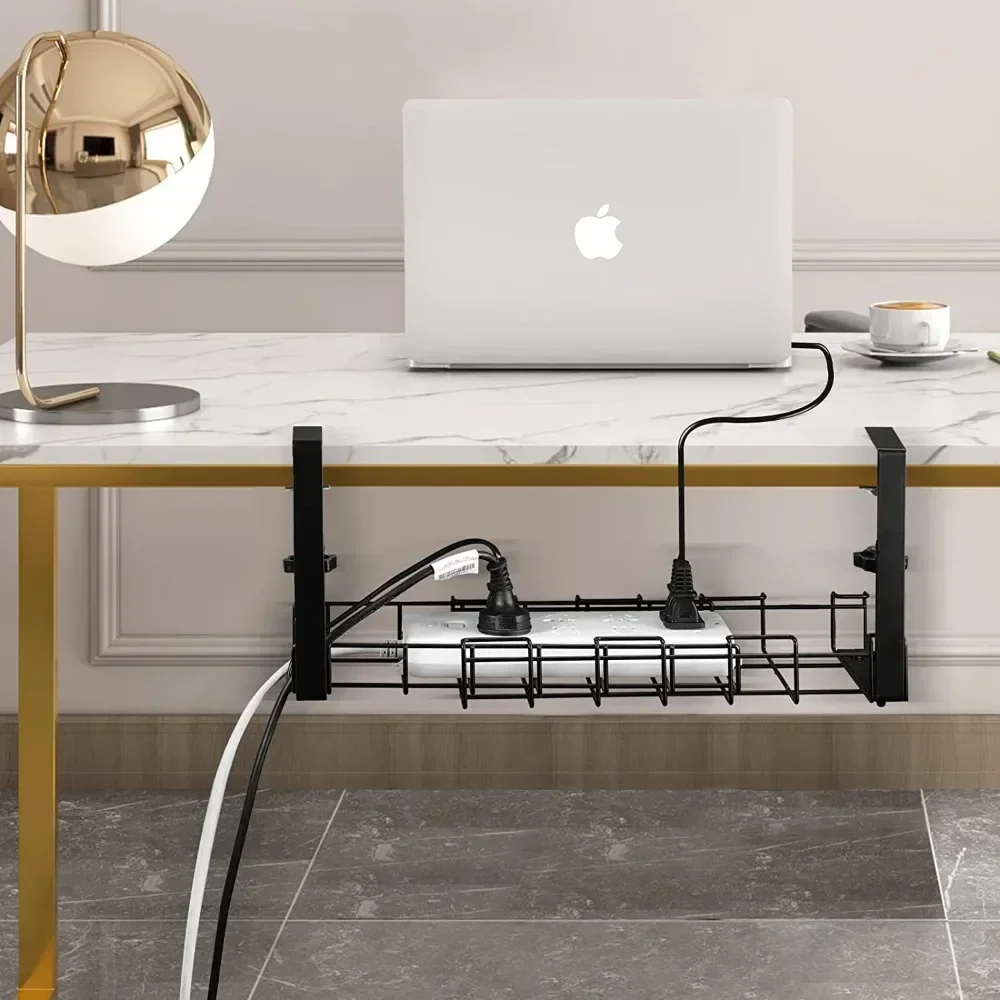 Under Table Storage Rack No Drill Cable Management Tray Retractable Cable Tidy Rack Home Office Desk Sturdy Metal Wire Organizer