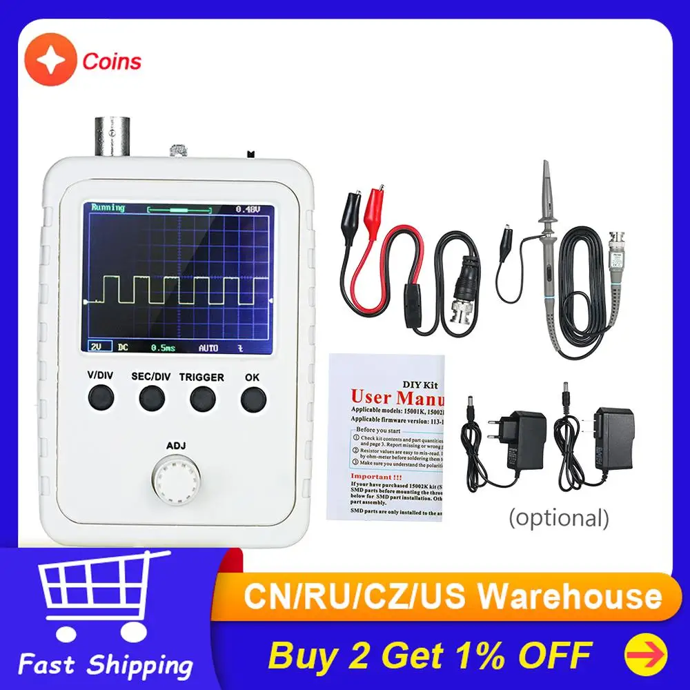 2.4inch TFT Digital Oscilloscope Kit Power Adapter and BNCClip Cable