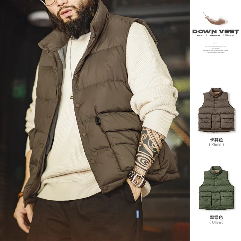 

Maden Men's 90% White Duck Down Waistcoat Casual Light Warm Stand-up Collar Vest 2023 Autumn Amekaji Oversize Thick Vest Jacket