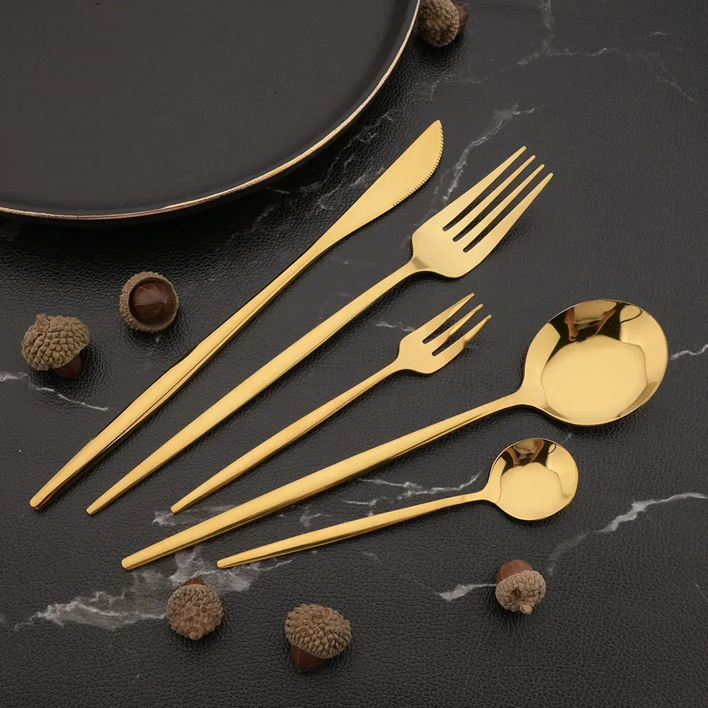 Stainless Steel Mirror Gold Fork Spoon Set Cake Fork Snack Salad Coffee Fruit Spoon Cutlery Kitchen Dinnerware Set 12Pcs western style cutlery set,camping cutlery set,stainless steel cutlery set,picnic cutlery set,cutlery set