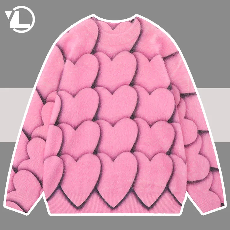 

Heart knitted Sweater Men Women Autumn Winter Harajuku Jacquard Soft Pullover Unisex High Street Cute Oversize College Jumper