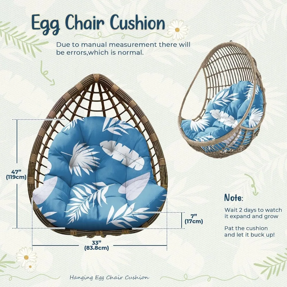 Waterproof Egg Chair Cushion Replacement Outdoor Hanging Egg Chair Cushion 47x35x7 Blue Leaf, Patio Swings 3