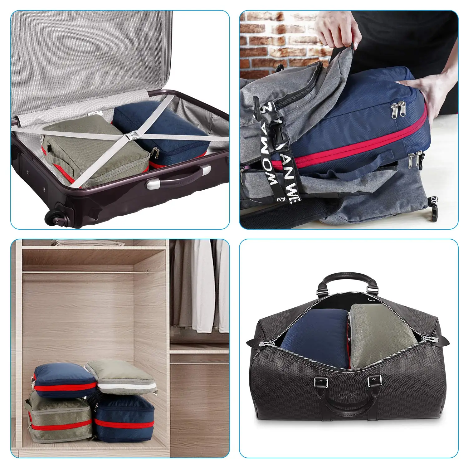 Cubi Di Imballaggio A Compressione Doppio Strato Per Viaggio - Set Da 5 Organizer Per Valigia, Blù, Taglia L