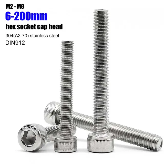 สกรูหัวหกเหลี่ยมหกเหลี่ยมแบบยาวพิเศษ 200 มม. เกรดสแตนเลส 304 A2-70 ตามมาตรฐาน DIN912 ขนาด M2 M2.5 M3 M3.5 M4 M5 M6 M8 1