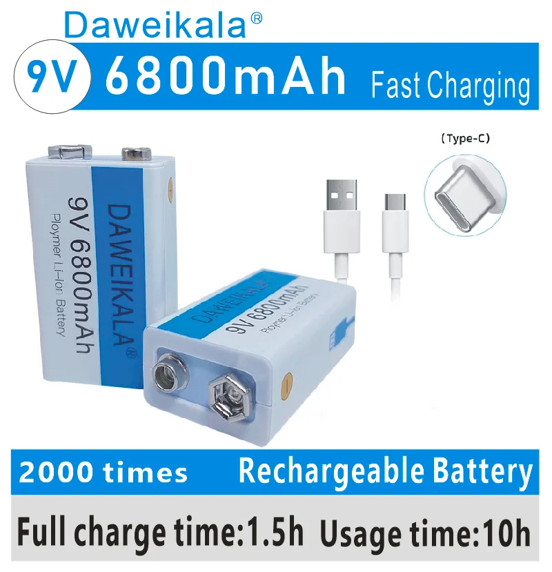 2023 Nuova Batteria Ricaricabile Agli Ioni Di Litio 9V 6800Mah Batteria Usb Microfono Al Litio Metal Detector + Cavo Batteria Lifepo4