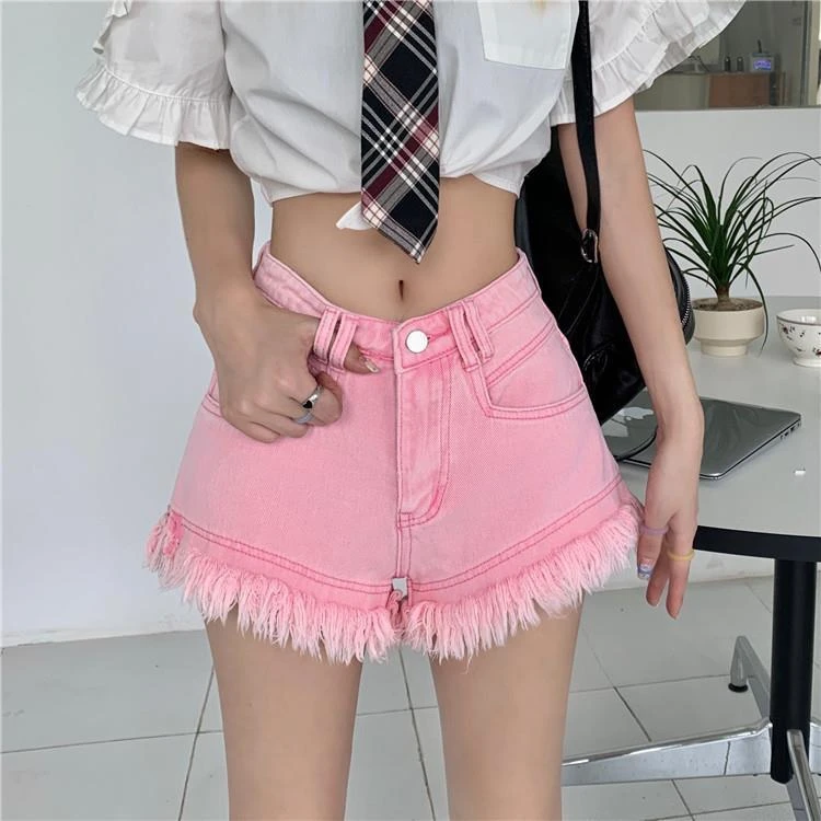 dolphin shorts 2022 High Waist Denim Shorts Women's Summer New Design Loose Wide Leg A-shaped Tassel Short Jeans Feminino short shorts