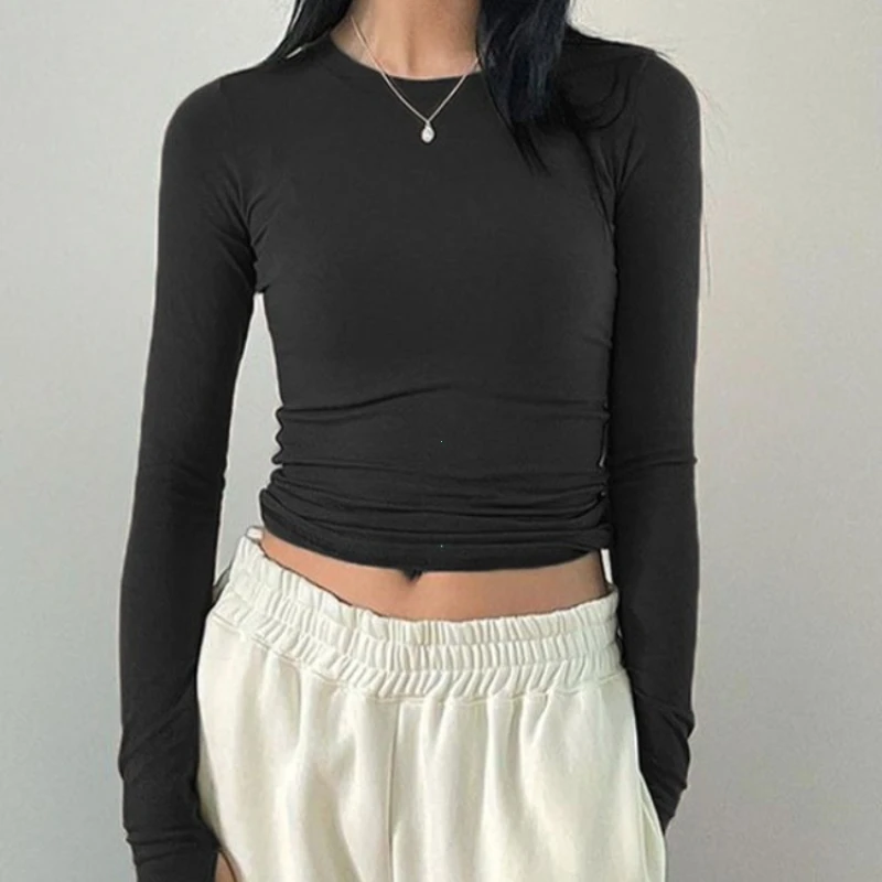 Women Casual Slim Fit Long Sleeve O-Neck T-shirts Tops Spring Fall Solid Color Tees with Thumb Holes Streetwear
