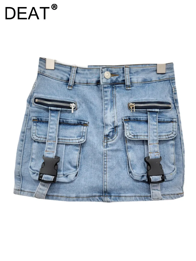 

DEAT Women's Denim Skirt Buckle Retro Washed 3d Pockets Vintage Slim A-line Cargo Mini Skirt 2024 Spring New Fashion 29L6617