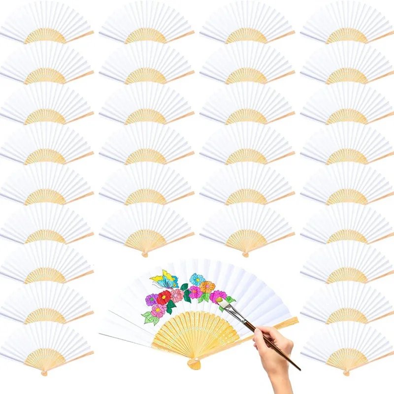 50Pieces 7Inch White Paper Folding Fan Blank for Children's Drawing DIY Hand-painted Plain Surface