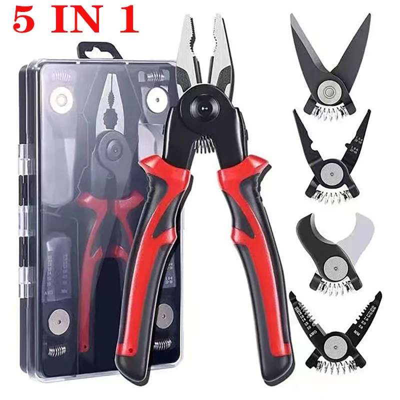 

5 In 1 Circlip Pliers Set Snap Ring Pliers Multi Crimp Removable Plier Head Retaining Circlip Pliers Wire Stripping Pliers Tool