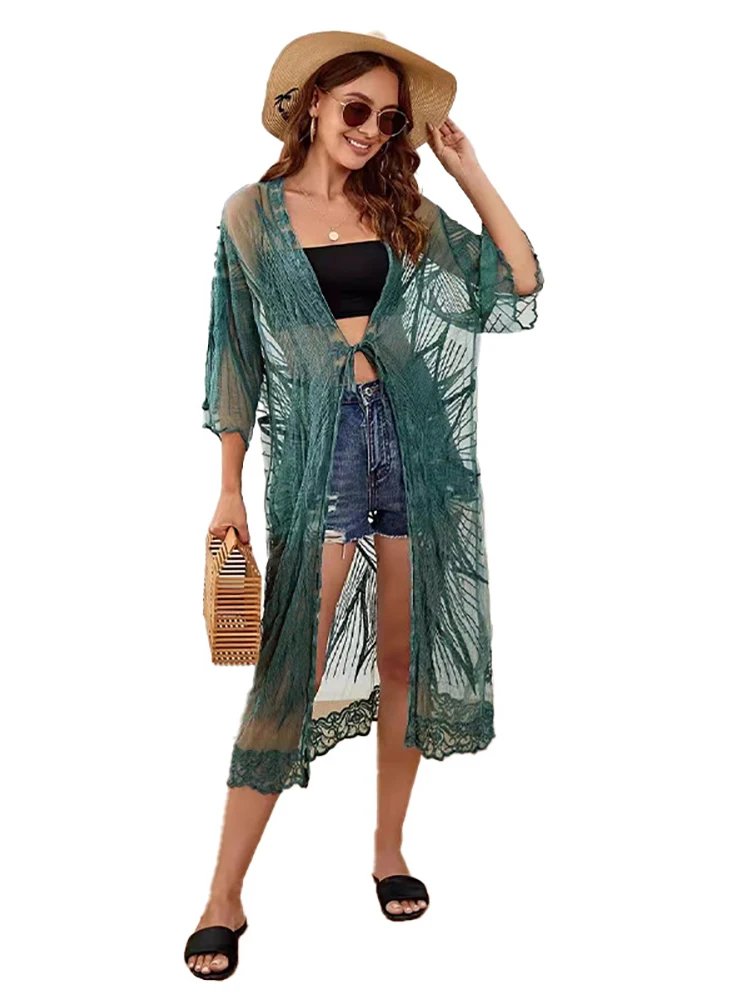【FLOWOOM】韓国人気 Ribbon Cardigan Swimwear+Gardigan Set Floerns Women's Plus Size Long Sleeve Sheer Mesh Swimwear