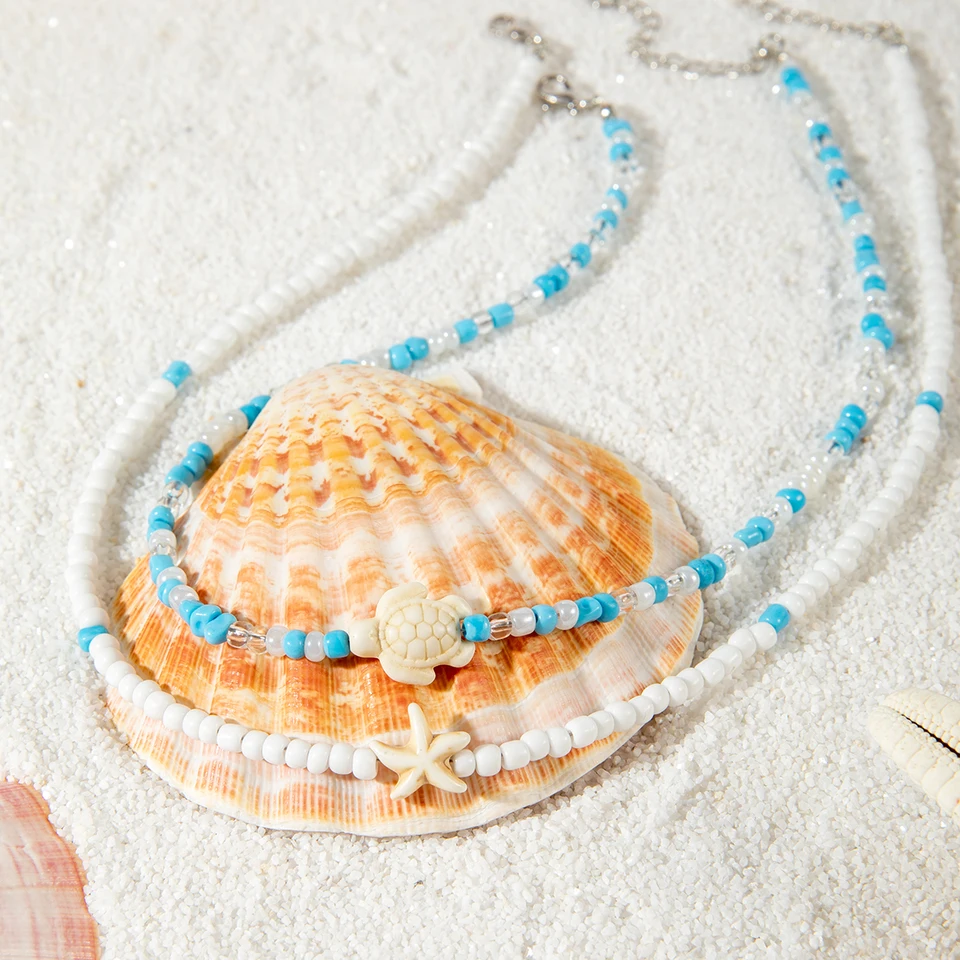 Collier Bohème Femme – Pendentif Tortue Et étoile De Mer – Acier Inoxydable, Perles Colorées – Style Plage, été