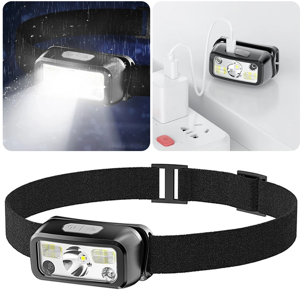 모션 센서 LED 헤드 토치, IPX4 방수 다기능 헤드 손전등, USB 충전 듀얼 광원, 야외 캠핑용