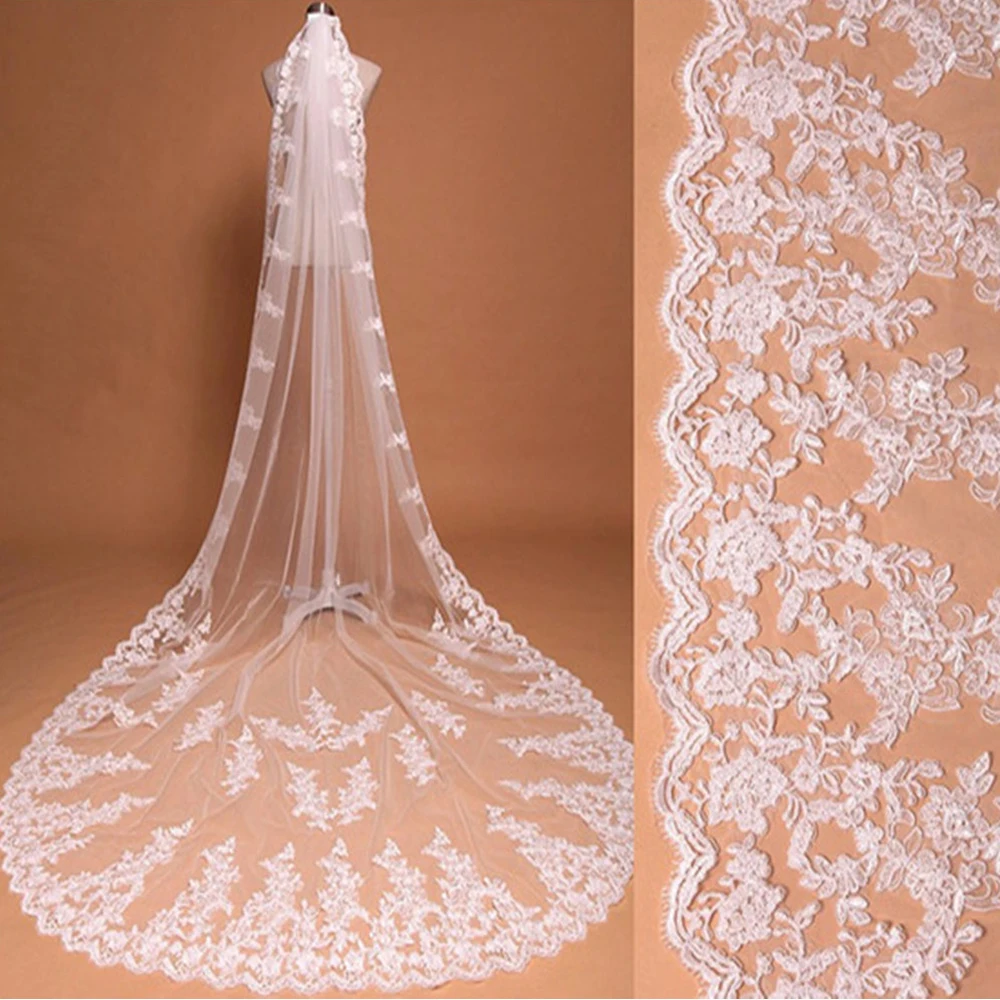 White Ivory Single-layer 3m Wedding Veil Applique Edge Tulle Bridal Veil Wedding Accessories