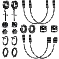 1-9 Pairs Black Color 316L Stainless Steel Non-Piercing Clip on Cross Chain Dangle Hoop Earrings CZ Magnetic Stud Earrings Set 1