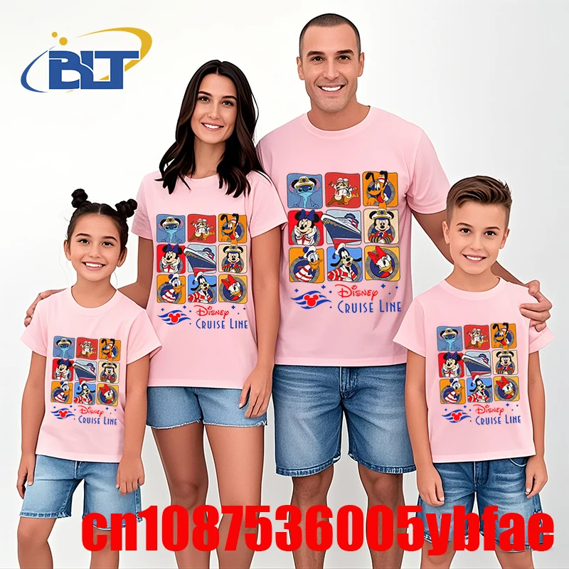 Cute Disney Cruise Line Mickey and Friends Print T-shirt Dad and mom kids Cotton Short Sleeve Family Matching Outfits Casual Top 2