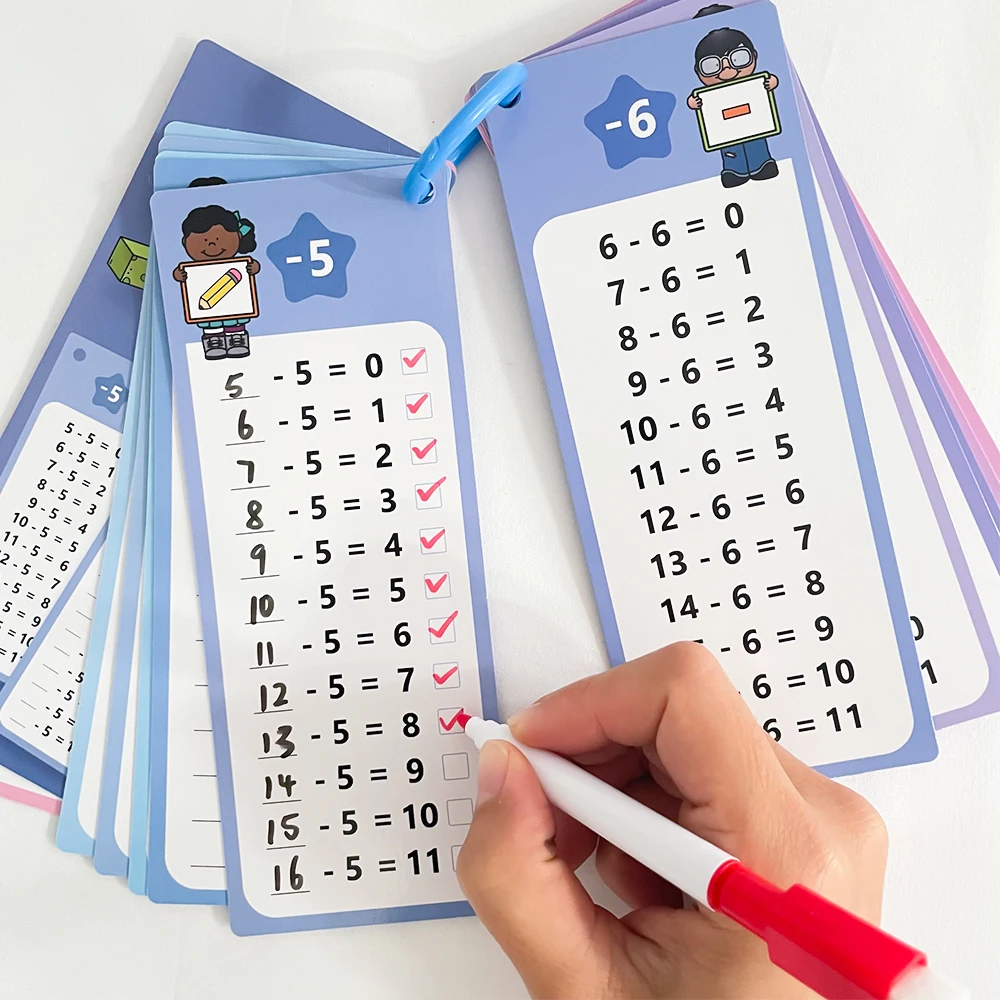 Children's Subtraction Fact Table 1-12 Chart Flash Cards Dry Erase Reusable learn time tables Improving Math Skills for Kids