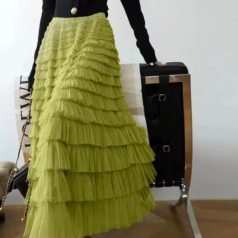 

Spring Summer Cake Maxi Skirt Women Pleated A-line Maxi Skirt High Waist Casual Korean Princess Ruffle Women Clothing