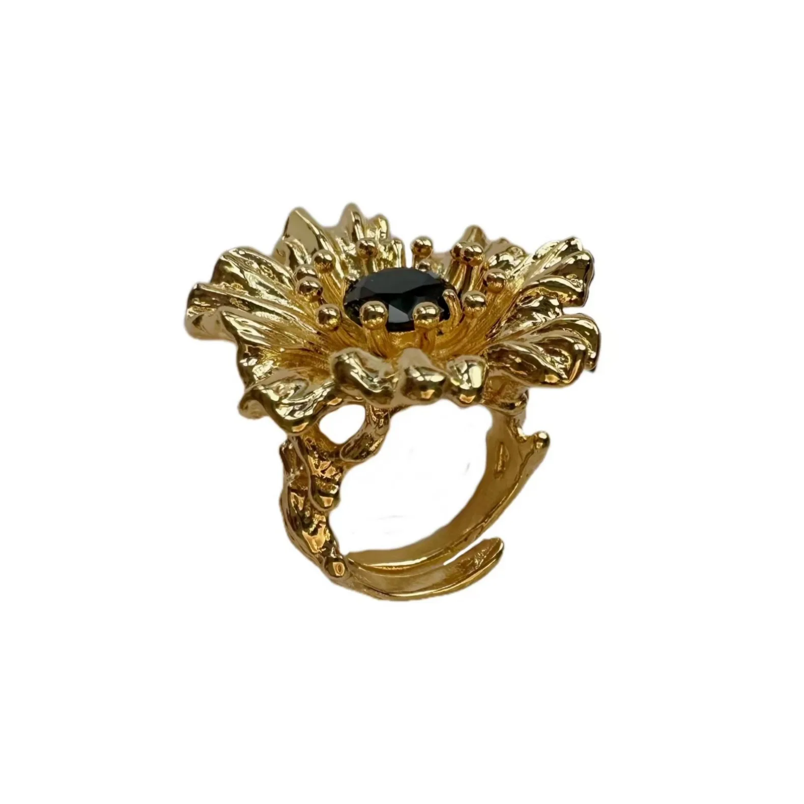 Handcarved Flower Set with Tea Treasure Open Ring for Women