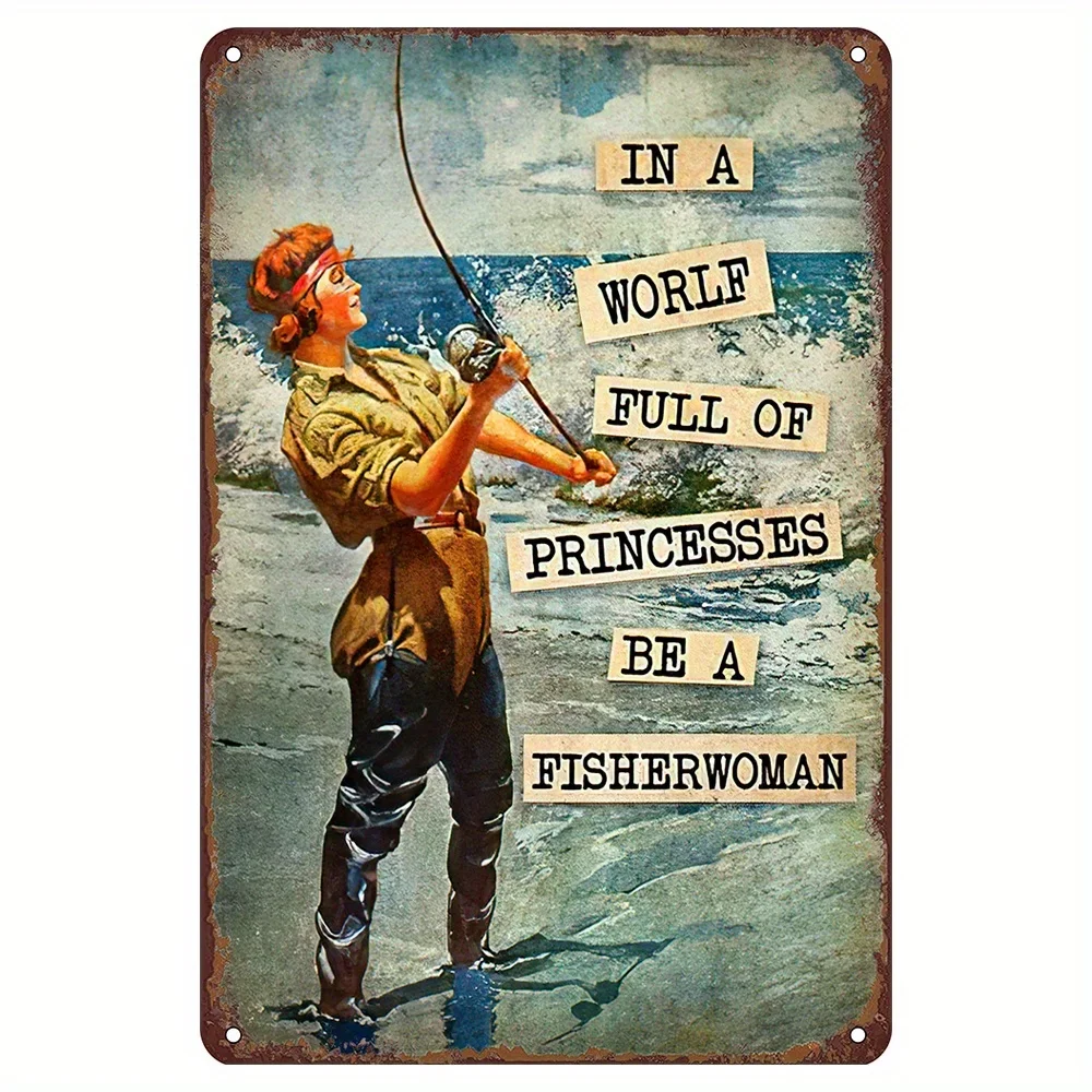 

Lady Fishing on The Beach Metal Tin Sign,Gift for Fishing Enthusiast Vintage Tin Signs Funny Wall Interior Decoration Wall Decor