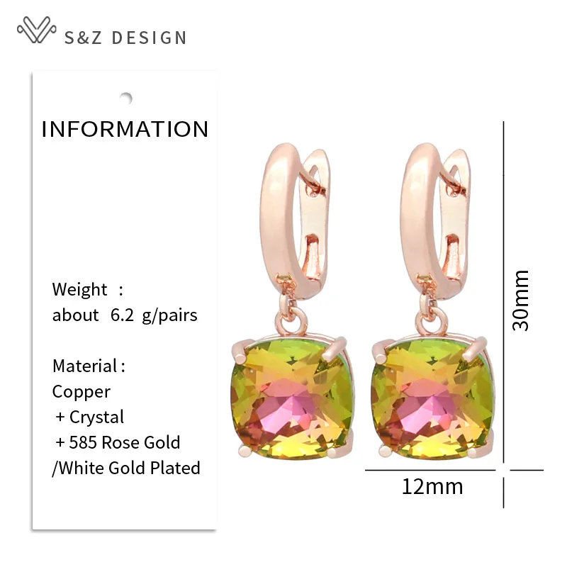S&Z DESIGN New Fashion Classic Simple Square Crystal Drop Earrings 585 Rose Gold Color Eardrop For Women Wedding Jewelry Gift