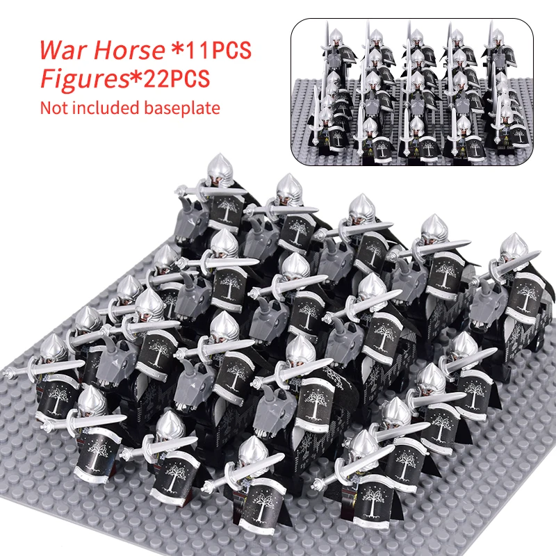 Moc Medievale Gondor Cavalieri Lotr Figure Set Warrior Soldatini Corazzati Guerra Cavallo Esercito Armi Scudo Spada Casco Mattoni Giocattoli
