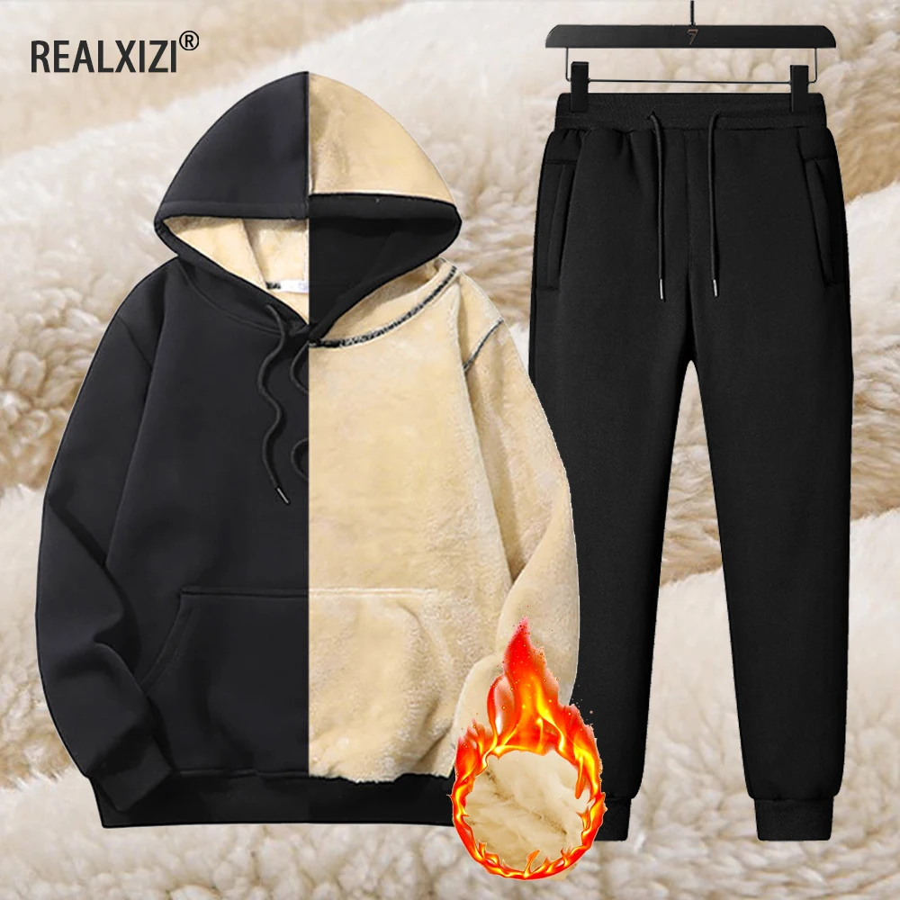 

men's Winter Warm Sportsuit Thicken Lamb Hoodies No Hair Shedding women Thermal Hooded Sweatshirts Casual Loose Streetwear Sets