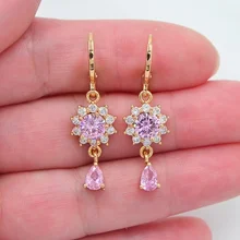  European and American simple and exquisite inlaid zircon pink multicolor sunflower women's Water Drop Pendant Earrings 
