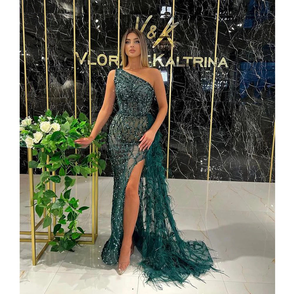Ciemnozielone suknie wieczorowe z cekinami dla kobiet luksusowe dubajskie z jednym ramieniem formalne suknie na przyjęcie z boku, wysoki, dzielony szlafrok