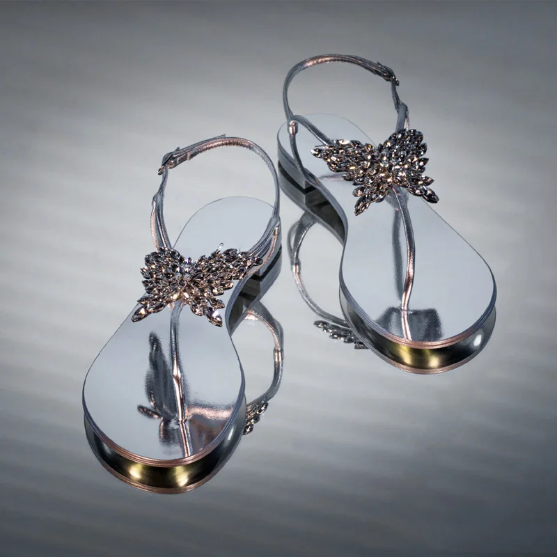 

Summer Open Toe Fairy New Clip-On Rhinestone Bow T-belt Fashion Outer Wear Sandals Women's Crystal Herringbone Flat Flip-flops