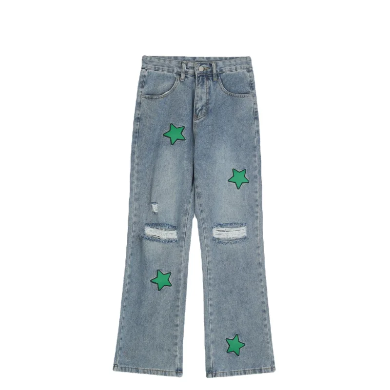 2022 New Fashion Letter Star Embroidery Baggy Men Hip Hop Jeans Pants Ripped Hole Straight Vintage Denim Trousers Pantalon Homme