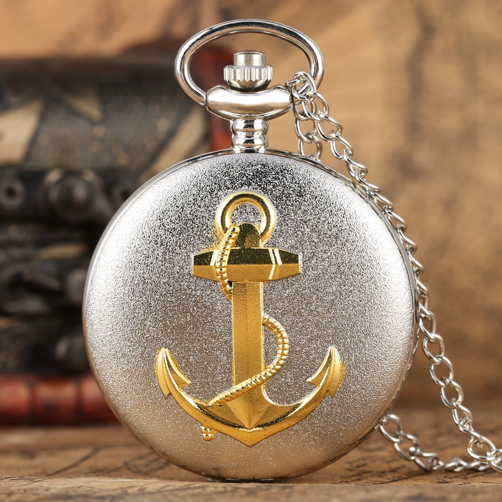 Quartz Pocket Watch Men Silver Vintage Classic Design Anchor Souvenir Gift with 80cm Necklace Chain quartz watch pocket watch