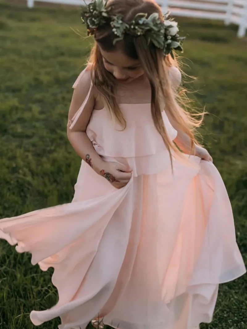 

Cute Summer Chiffon Children Girl Spaghetti Strap Long Empire Casual Maxi Dress for Kids Country Wedding Party