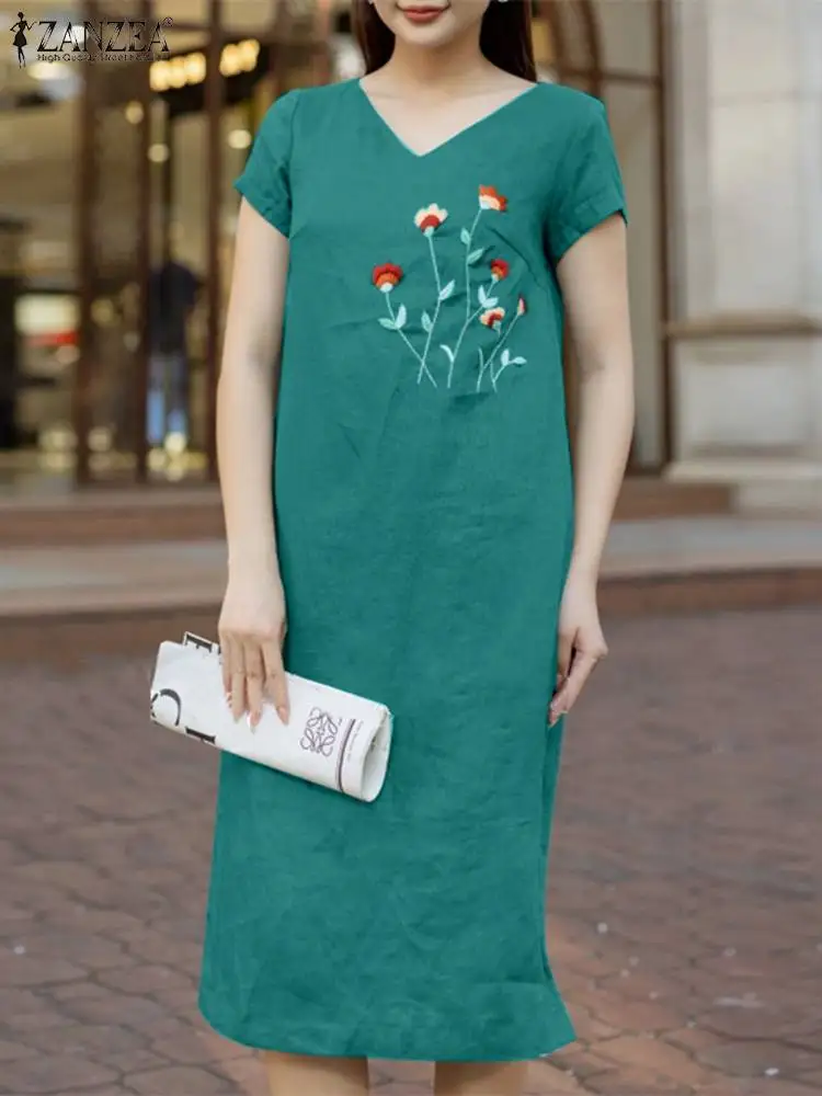 

ZANZEA Women Flower Embroidery Sundress Holiday Short Sleeve 2024 Summer V Neck Vestidos Casual Side Slit Vintage Loose Dress