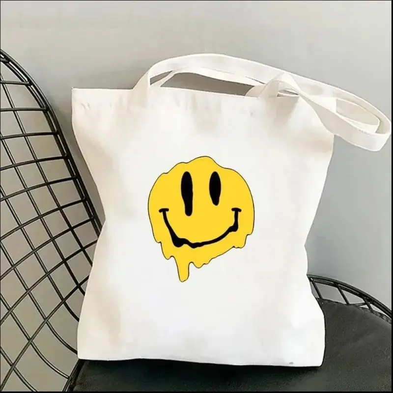 Funny Harajuku Smile Shoulder Bags Kawaii Fashion Tote Handbag Girl Canvas Environmental Large Capacity Portable Shopping Bag 3