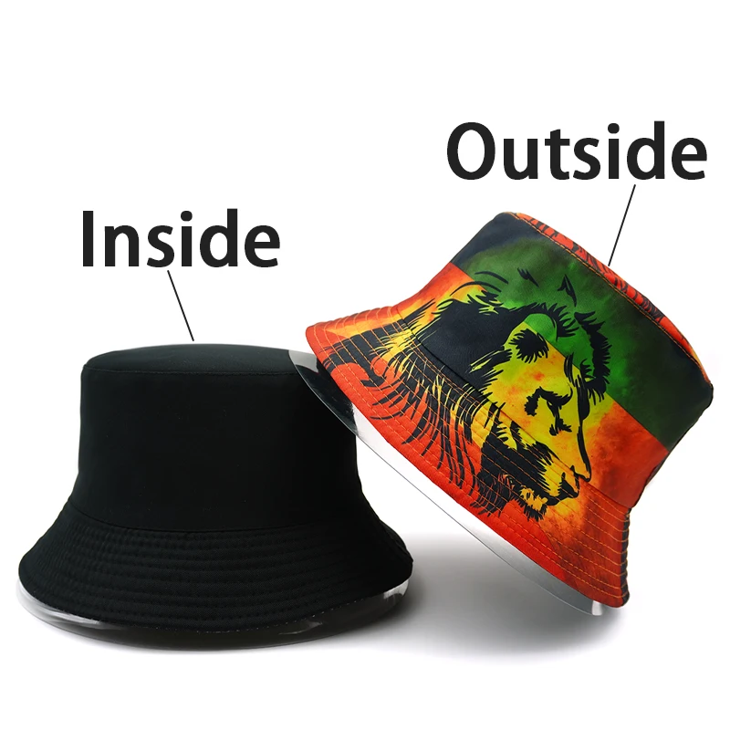 Top Rasta Style Bucket Hat Lion Cartoon Printing Pattern Fisherman Hats Double Sides Panama Cap For Men Women Outdoor Sun Caps 4