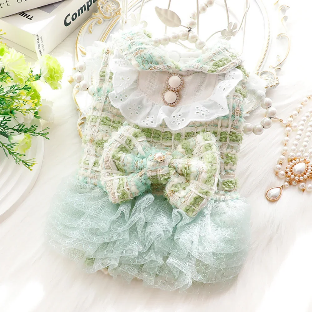 

Платье принцессы для щенка, теплая кружевная юбка для домашнего питомца, модное пальто с бантом для кошки на зиму и осень, клетчатый свитер для маленьких собак, пудель, чихуахуа, Йорк