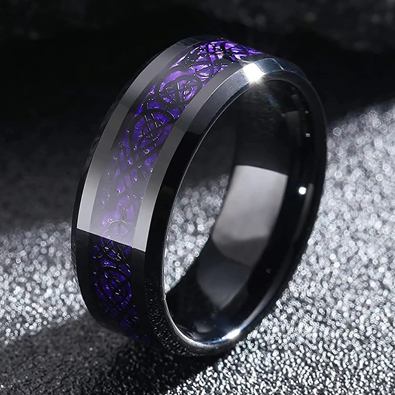 New Men's Fashion 8MM Stainless Steel Black Dragon Ring Inlay Purple Carbon Fiber Ring For Men Wedding Band Charm Jewelry Gifts luxury black pu leather ring jewelry display tray insert charm pendant earring accessories retail jewelry store window showcase