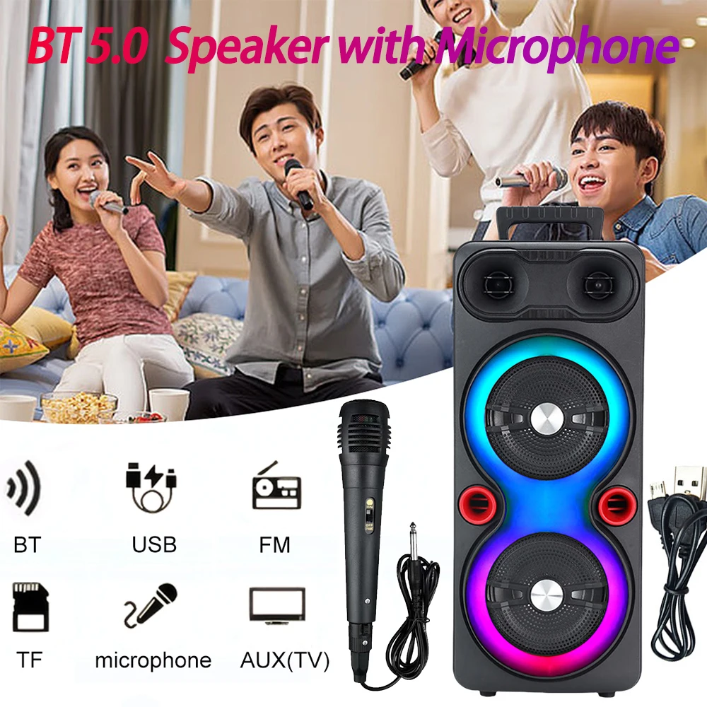 Dual Subwoofer Speakers Bluetooth-Compatible 5.0 6.5 Inch Stereo Subwoofer LED AUX Karaoke Machine Heavy Bass DJ System