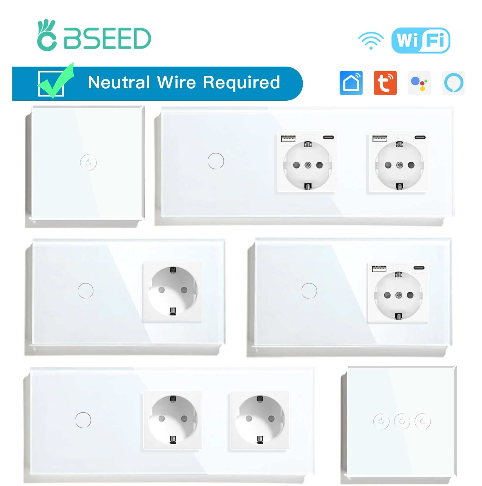 Bseed Wifi 1/2/3Gang 1/2/3Way Light Switch Smart Wall Touch Switch Smart Life App Glass Con Normale Presa Eu Senza Wifi