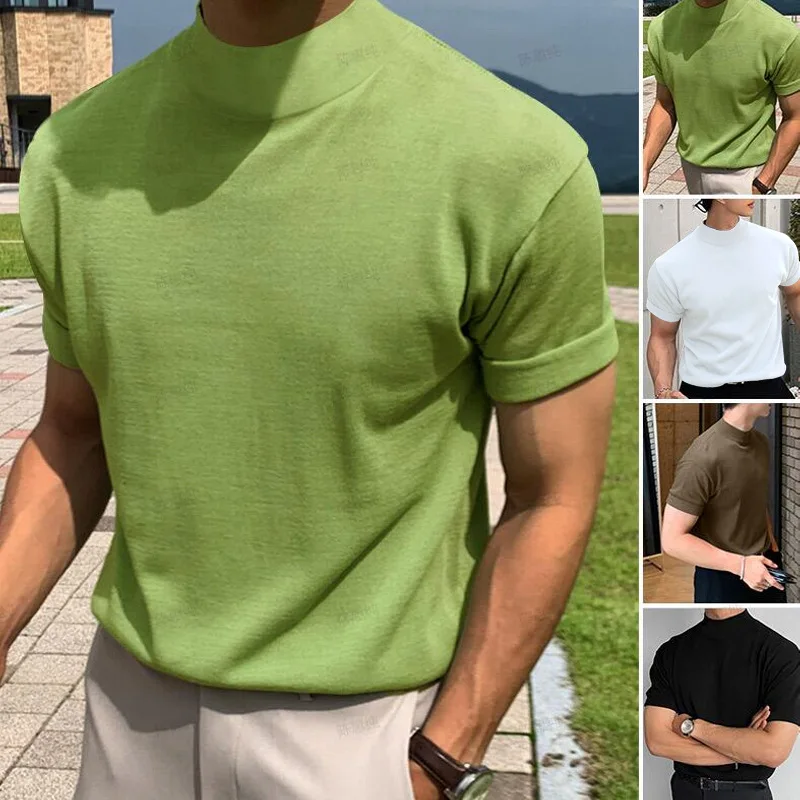 

2023 Tight Solid Color T-shirt Casual Streetwear High-neck Short-sleeved Bottoming Tees S-5XL Summer Luxury Clothing