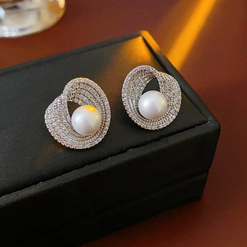 Zircon Round Pearl Earrings for Women Irregular Stud Earring Wedding Party Jewelry
